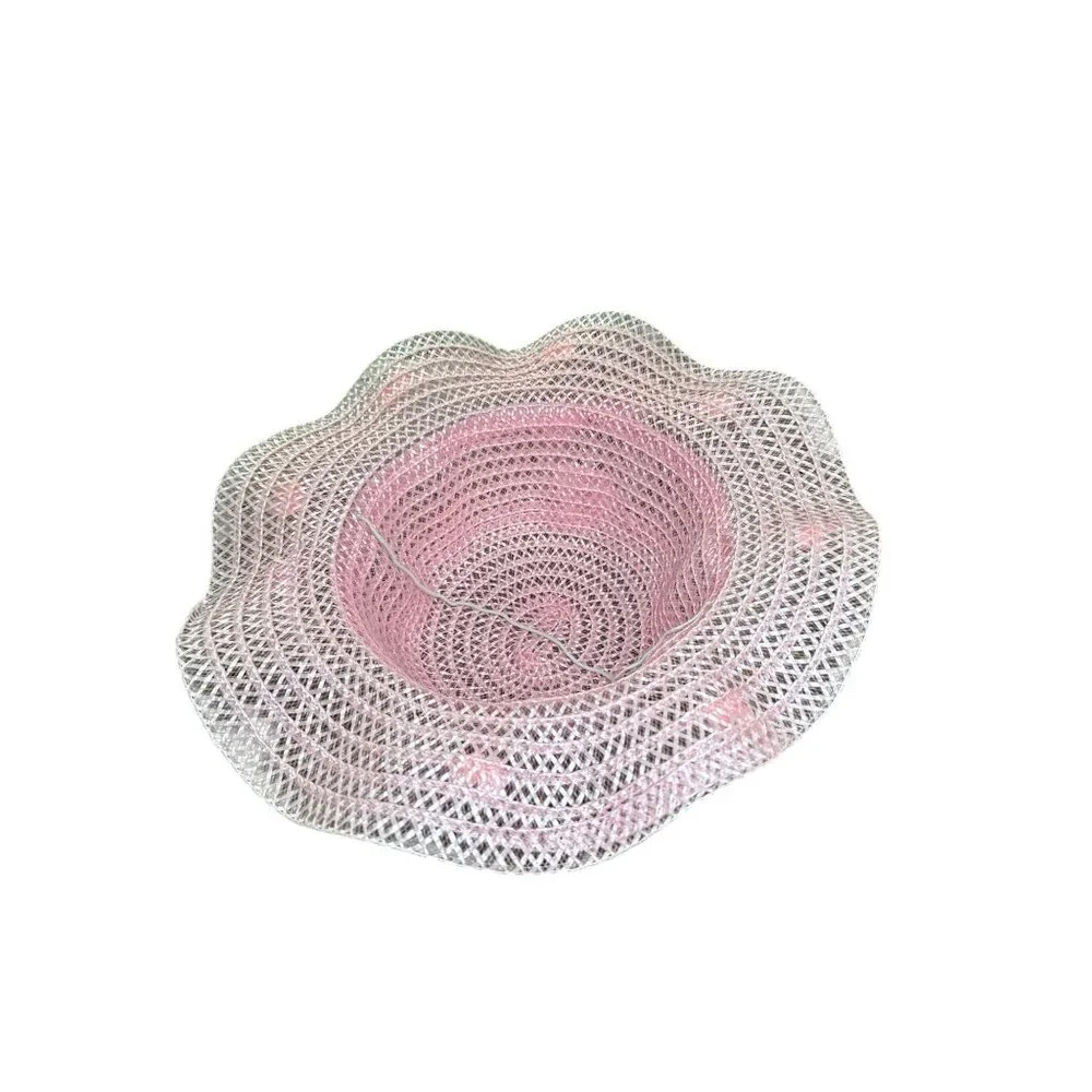Pink Straw Set of 10pcs Sun Hat For Girls With Ribbon Bow & Floral Accents, Ligh